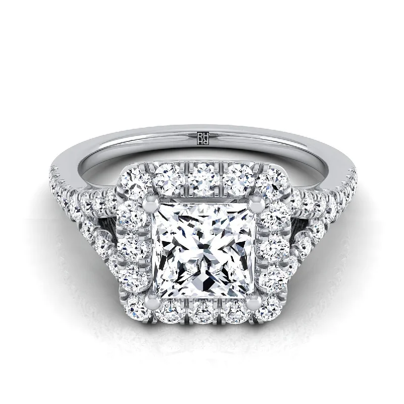 unique engagement rings for alternative brides -18K White Gold Princess Cut Diamond Simple Prong Halo Split Shank Engagement Ring -1/2ctw