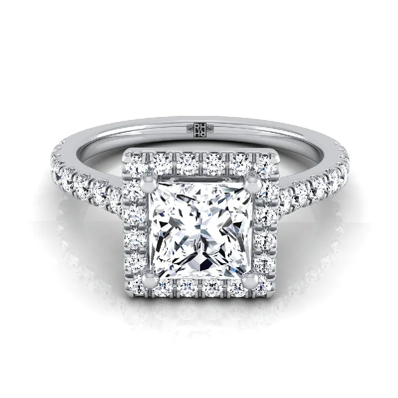 unique engagement rings with mixed-metal bands -18K White Gold Princess Cut Diamond Shared Prong Halo with French Pave Engagement Ring -3/8ctw