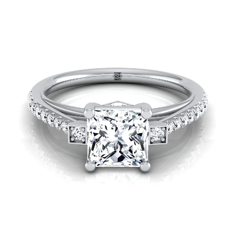 classic rings for men with polished finishes and diamonds -18K White Gold Princess Cut Diamond Delicate Three Stone Pave Engagement Ring -1/3ctw