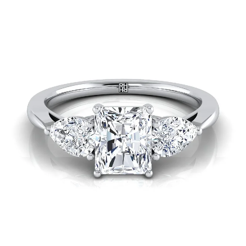 vintage-style promise rings with gemstone details -18K White Gold Radiant Cut Center Diamond Perfectly Matched Pear Shaped Three Diamond Engagement Ring -7/8ctw