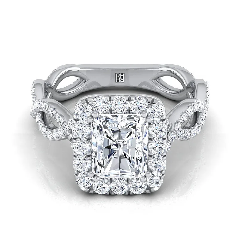 luxury engagement rings with fancy-colored diamonds -18K White Gold Radiant Cut Center Diamond Ribbon Twist French Pave Halo Engagement Ring -3/4ctw