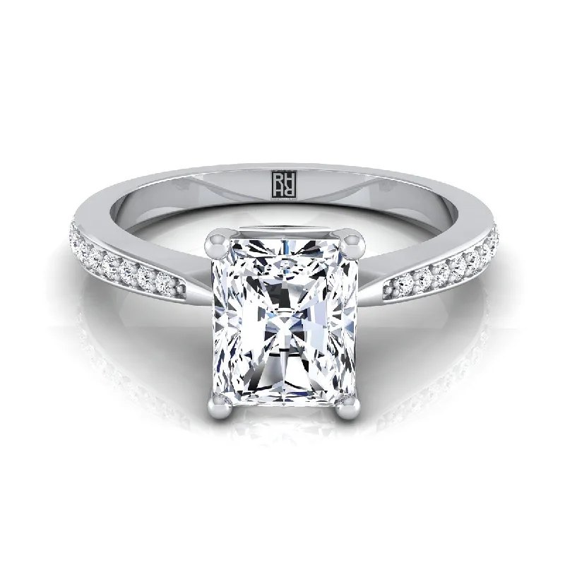 simple engagement rings for brides with solitaire diamonds -18K White Gold Radiant Cut Center Diamond Tapered Pave Engagement Ring -1/8ctw