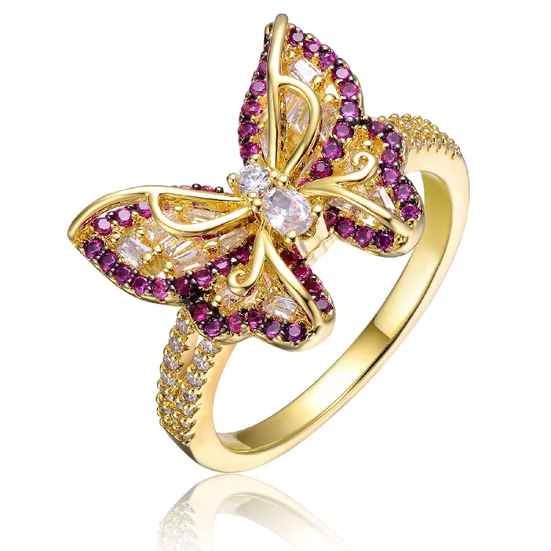 timeless engagement rings with solitaire gemstones -RG Young Adults/Teens 14k Yellow Gold Plated with Amethyst & Cubic Zirconia Butterfly Split Top Ring