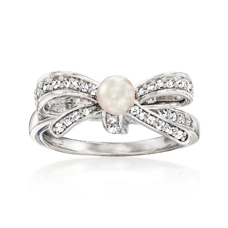 statement rings for women with gemstone settings -Ross-Simons 4-4.5mm Cultured Pearl and . Diamond Bow Ring in Sterling Silver