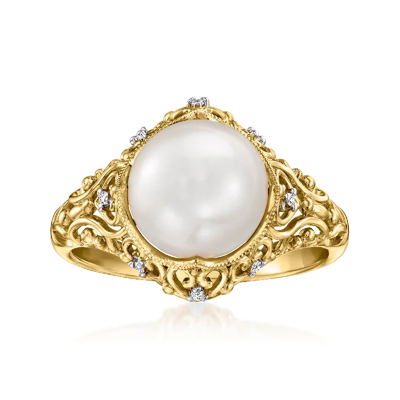 classic gold rings with modern designs -Ross-Simons 9-9.5mm Cultured Pearl Filigree Ring With Diamond Accents in 18kt Gold Over Sterling