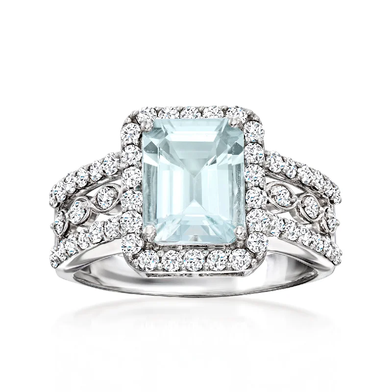 men’s wedding bands with unique textures -Ross-Simons Aquamarine and . Diamond Ring in 14kt White Gold