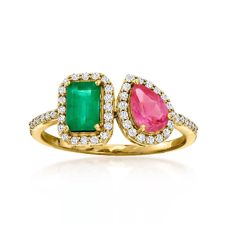 trendy engagement rings with emerald-cut diamonds -Ross-Simons Emerald and . Pink Sapphire Toi Et Moi Ring With . Diamonds in 14kt Yellow Gold