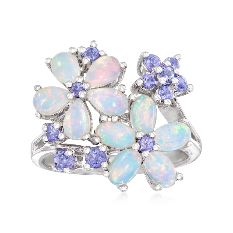 vintage wedding rings with ruby accents -Ross-Simons Opal and Tanzanite Flower Ring in Sterling Silver