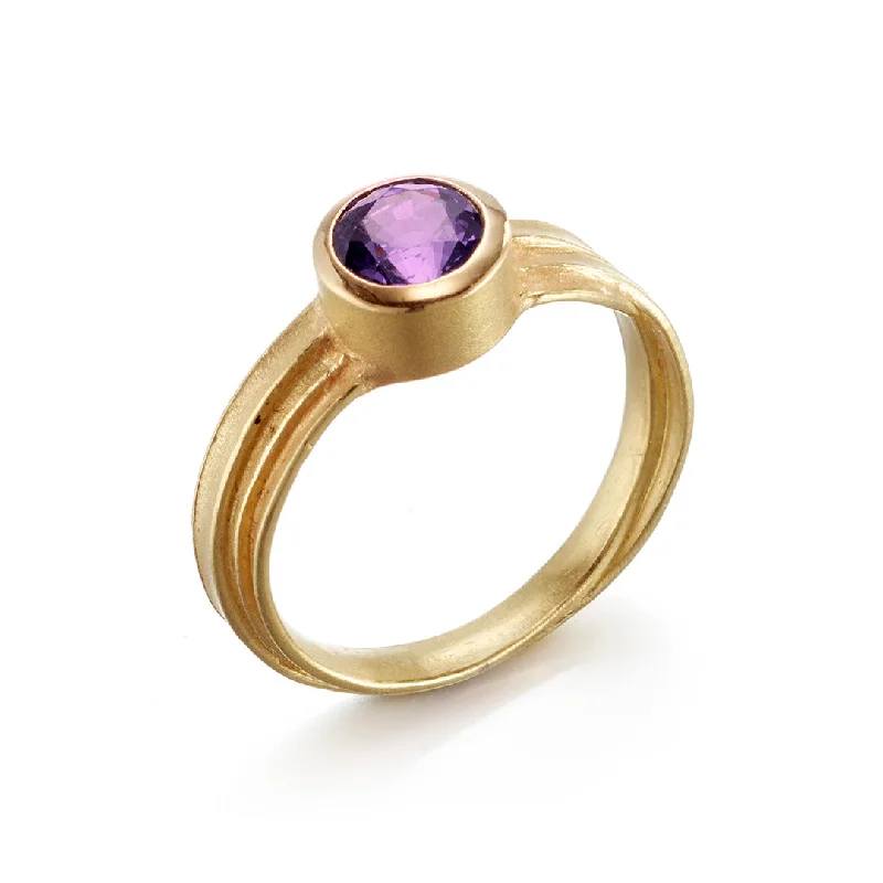 simple silver wedding bands for minimalists -Round Purple Sapphire Blade of Grass Ring