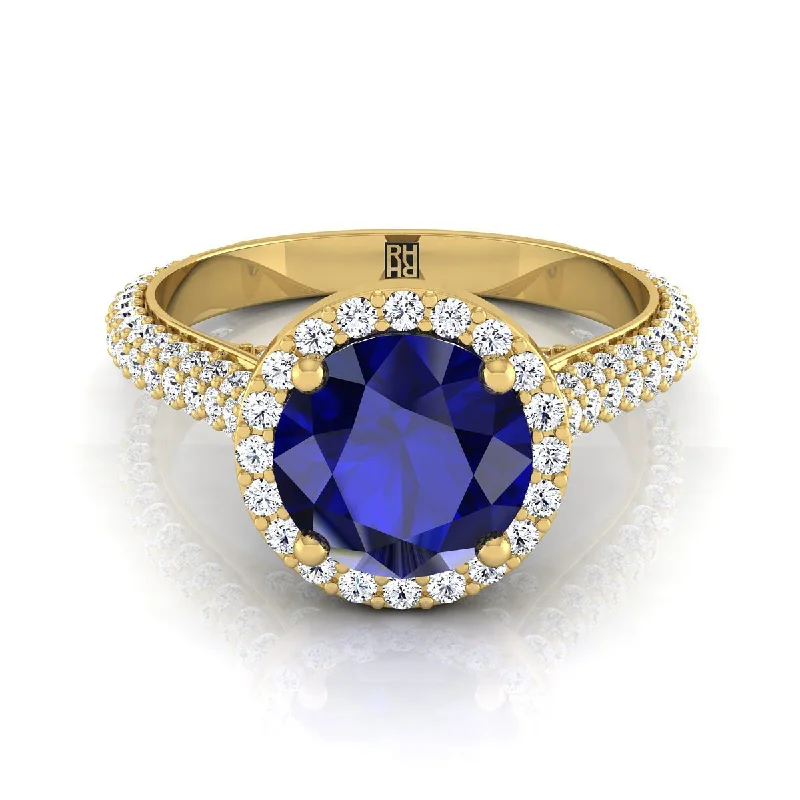 luxury diamond rings with classic settings -14K Yellow Gold Round Brilliant Sapphire Micro-Pavé Halo With Pave Side Diamond Engagement Ring -7/8ctw