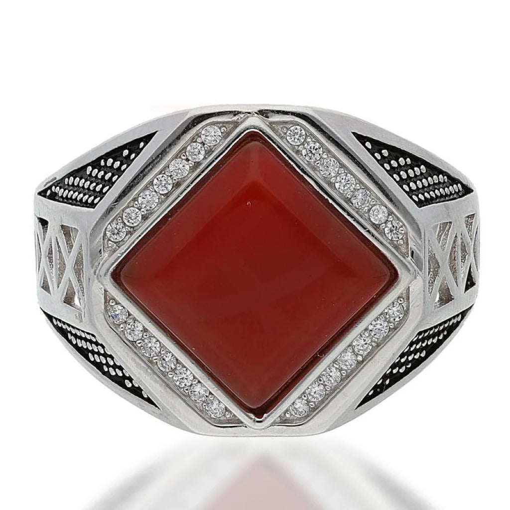 affordable wedding bands with cubic zirconia accents -Sterling Silver 925 Men's Red Solitaire Ring - FKJRNSL2509