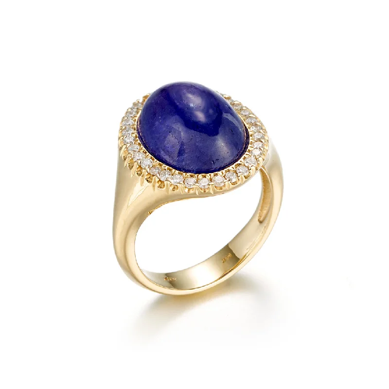 vintage-style engagement rings with detailed metalwork -Tanzanite Cabochon & Diamond Ring