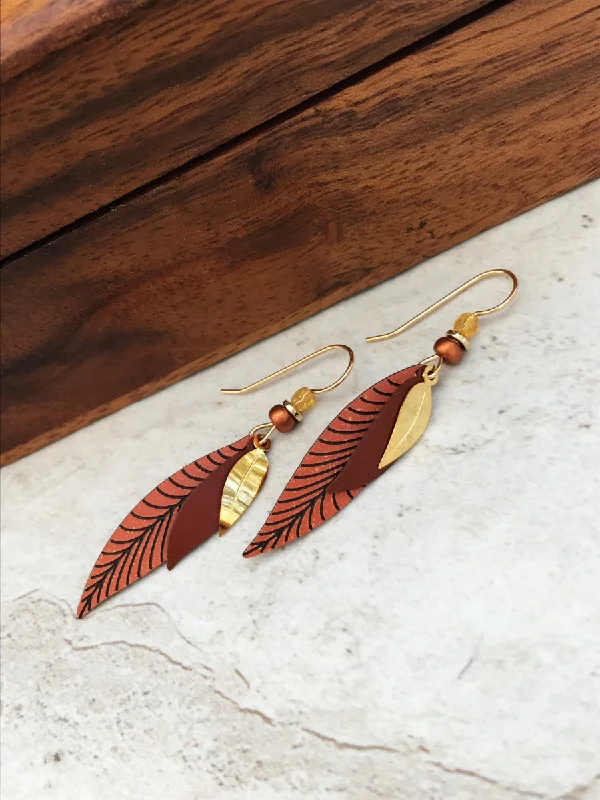 bold feather drop earrings for boho looks-Three Leaves Earrings by Adajio