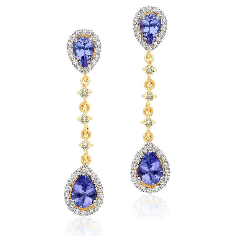 elegant blue topaz earrings for weddings-Two Tone Gold Tanzanite with White & Yellow Diamond Renaissance Earrings