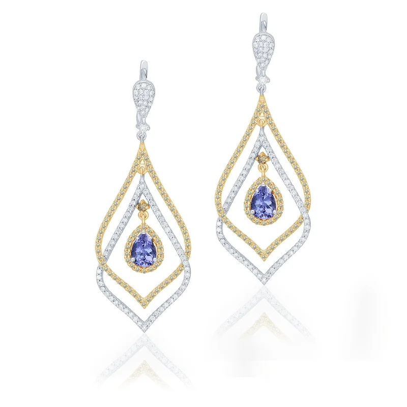 luxury gold leaf earrings for special occasions-Two Tone Gold Tanzanite with White & Yellow Diamond Renaissance Earrings