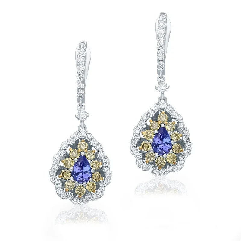 colorful resin hoop earrings for a playful touch-Two Tone Gold Tanzanite with White & Yellow Diamond Renaissance Earrings