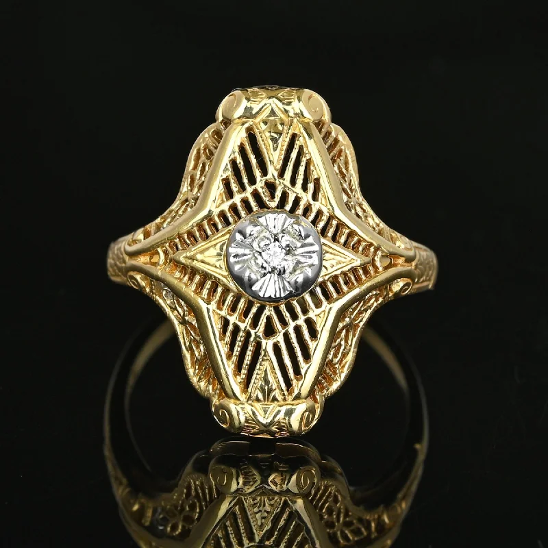 stackable engagement rings for brides with diamond inlays -Vintage 10K Gold Floral Filigree Diamond Shield Ring