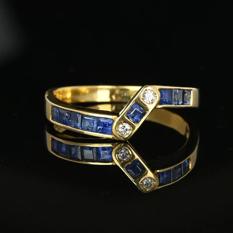 men’s rings with modern finishes for fashion -Vintage 14K Gold Diamond Carré Sapphire Ring Band