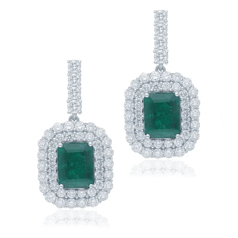 vintage-inspired gold earrings for women-White Gold Emerald & Diamond Heirloom Earrings