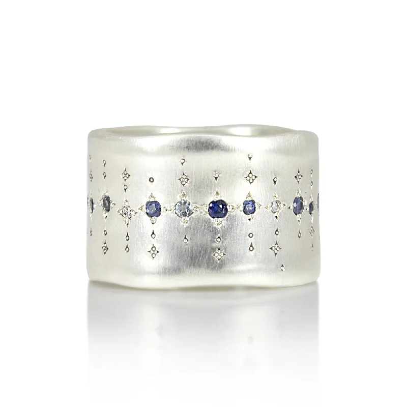 vintage-style rings for women with modern flair -Single Organic Wide Silver Band with Multi-Gemstones