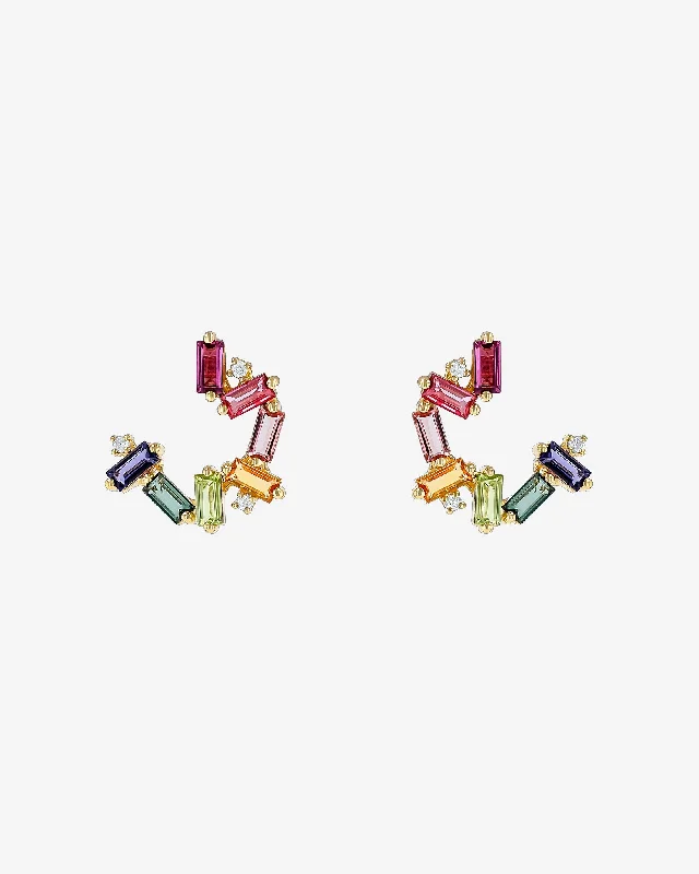 stunning opal and diamond earrings for special occasions-Amalfi Burst Rainbow Sideways Mini Hoops