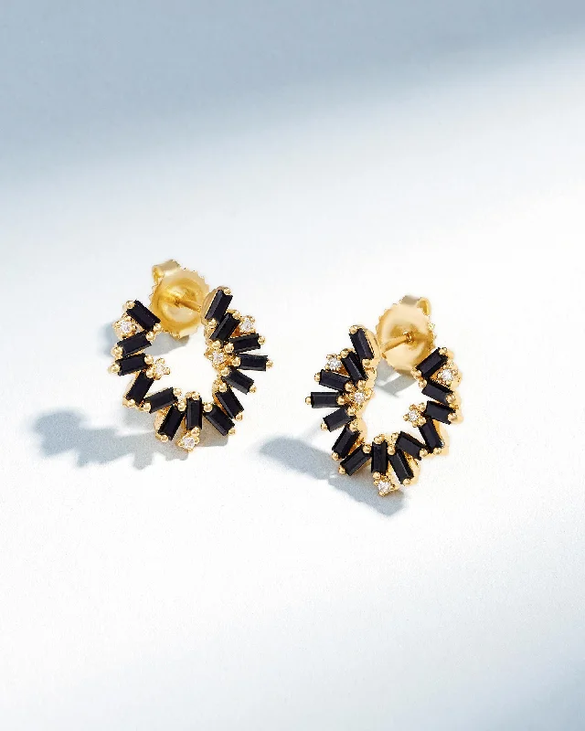 trendy beaded earrings for a vibrant look-Bold Burst Black Sapphire Sideways Mini Hoops