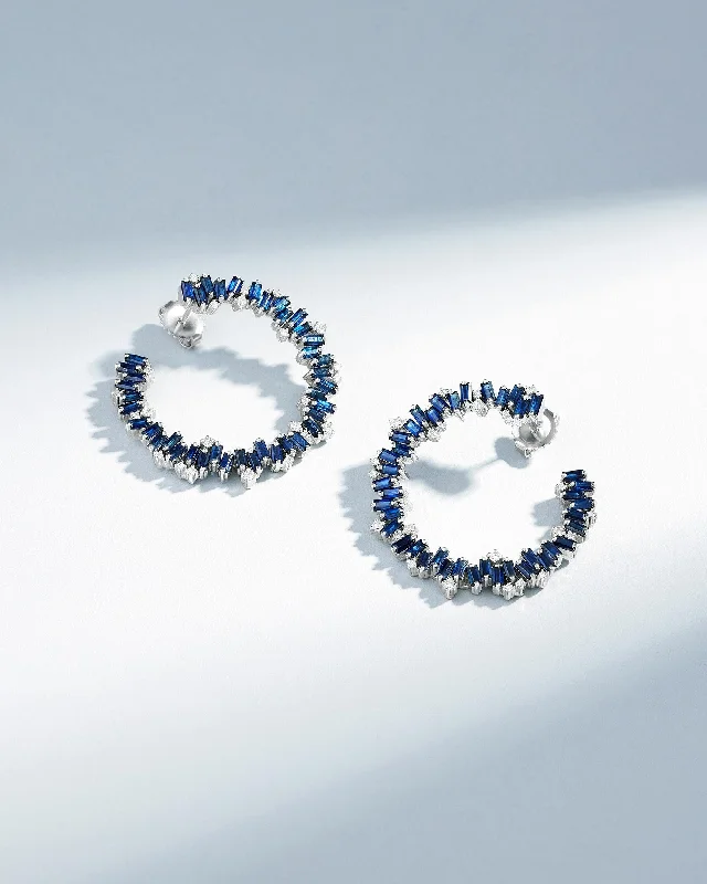 affordable statement earrings for everyday use-Bold Burst Dark Blue Sapphire Sideways Midi Hoops