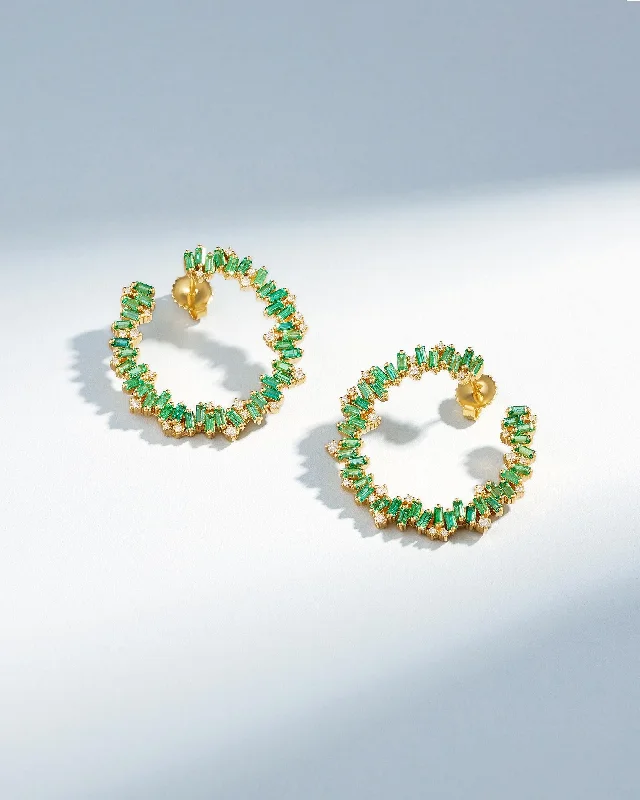 stylish crescent moon earrings for women-Bold Burst Emerald Sideways Midi Hoops