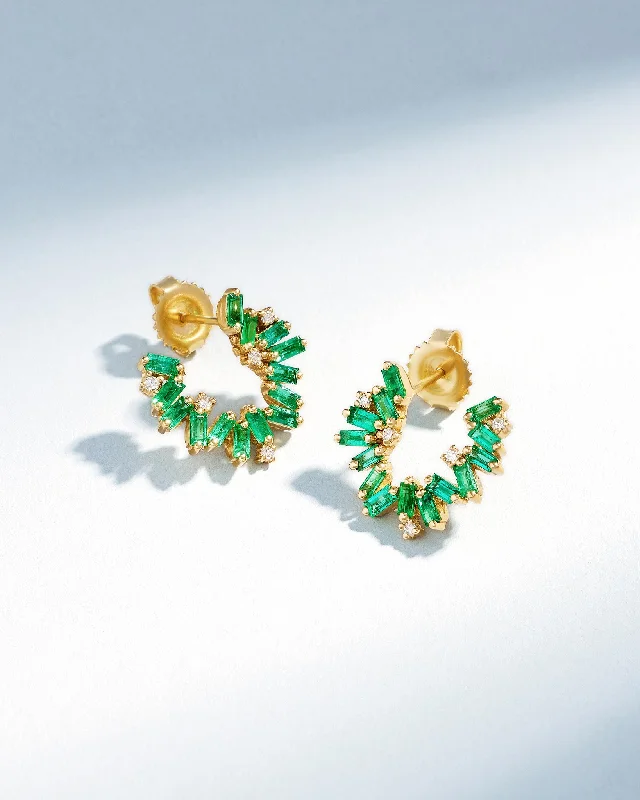 elegant twist earrings for fashion-forward looks-Bold Burst Emeralds Sideways Mini Hoops