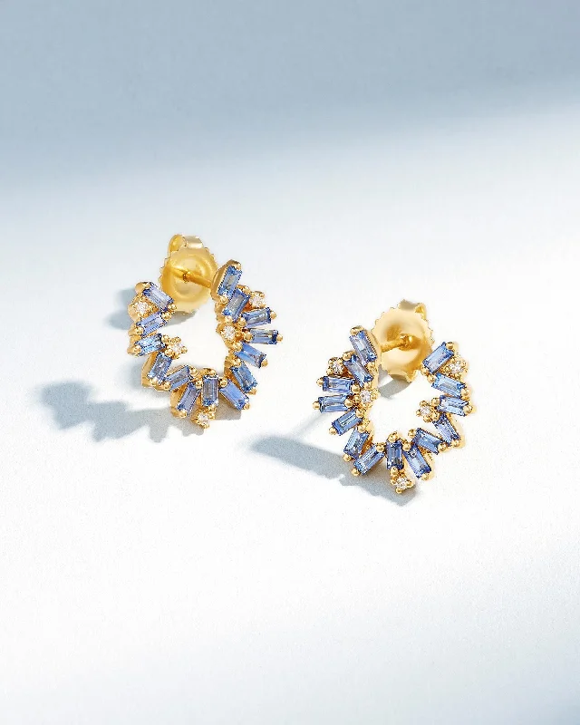 luxurious sapphire earrings for a bold style-Bold Burst Light Blue Sapphire Sideways Mini Hoops