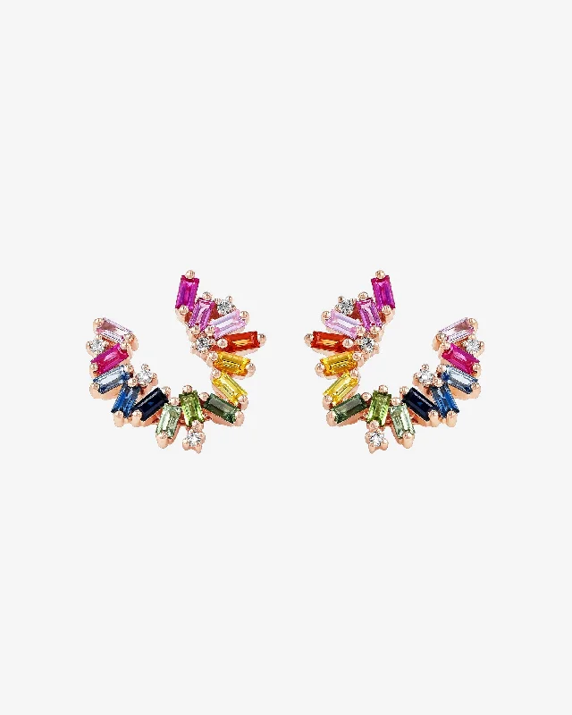 delicate pearl cluster earrings for bridesmaids-Bold Burst Rainbow Sapphire Sideways Mini Hoops