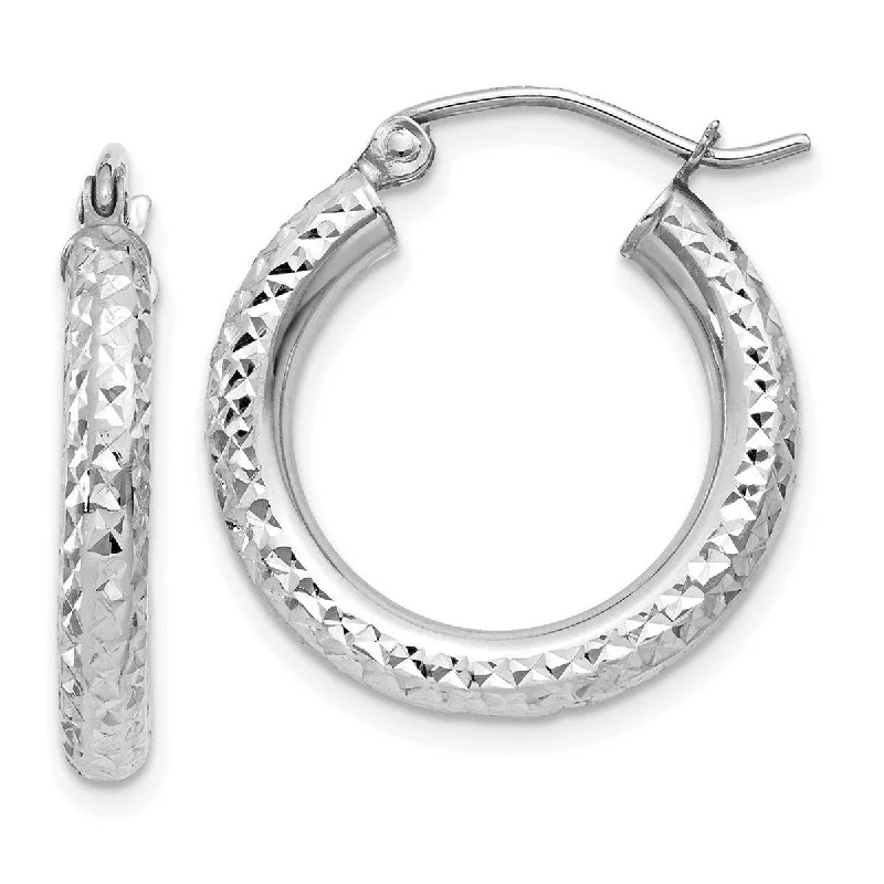 bold geometric statement earrings-Curata 10k White Gold Diamond-Cut 3x19mm Round Classic Hoop Earrings