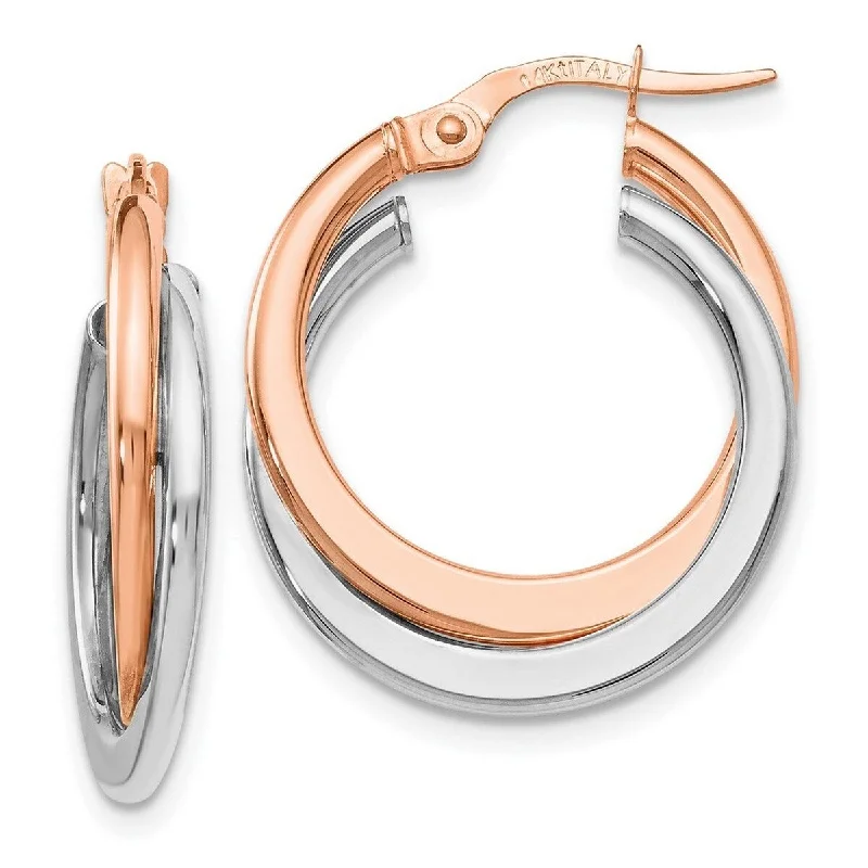 affordable silver drop earrings for women-Curata 14k Two Tone Gold 23x3.75mm Pink Polished Hinged Double Hoop Earrings