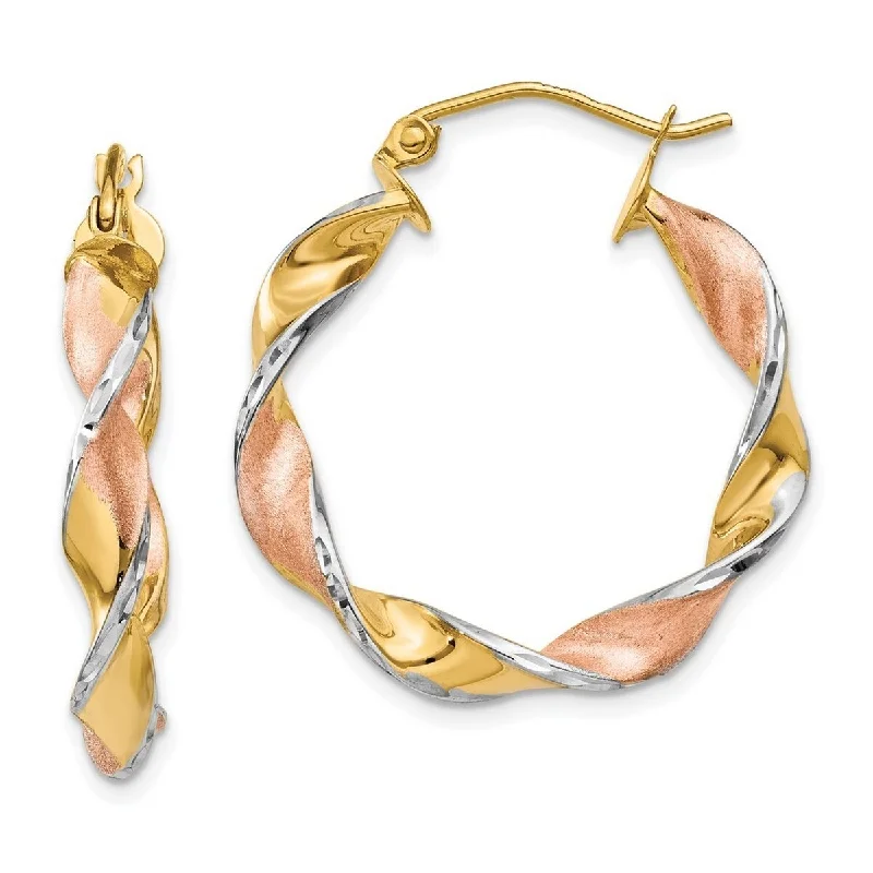 playful butterfly-shaped earrings for kids-Curata 14k Yellow Gold and Rhodium Satin 25x4mm Twisted Hoop Earrings