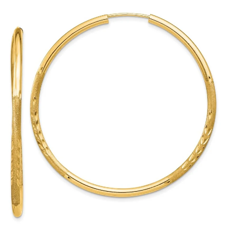 unique stone drop earrings for boho style-Curata 14k Yellow Gold Polished tube 2mm Satin Sparkle Cut Endless Hoop Earrings - 40x40mm Wide 2mm Thick