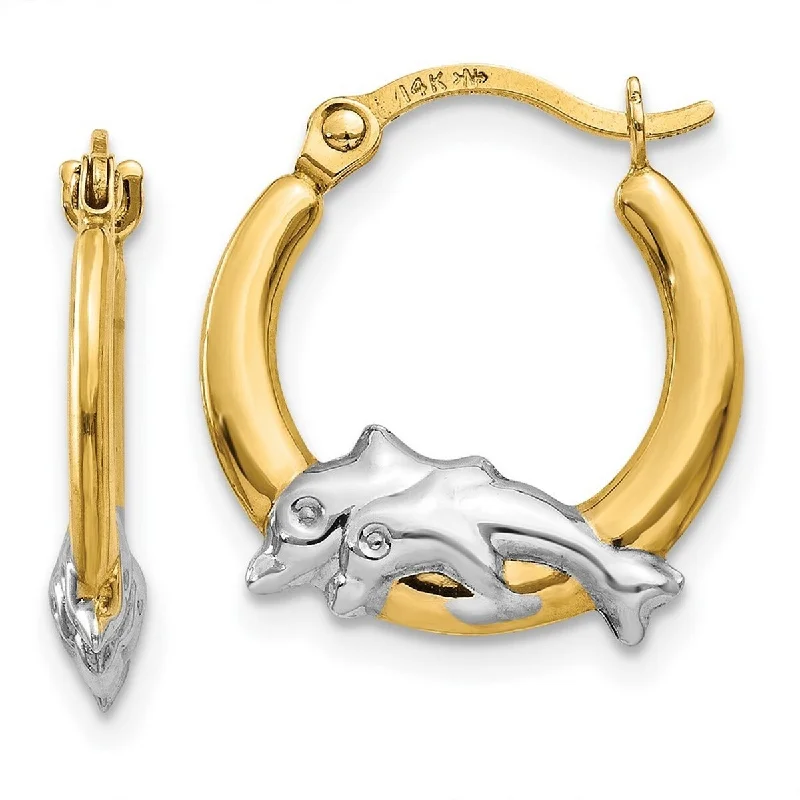 elegant zirconia earrings for a sparkling effect-Curata 14k Yellow Gold Two-tone Swimming Dolphin 15mm Hoop Earrings