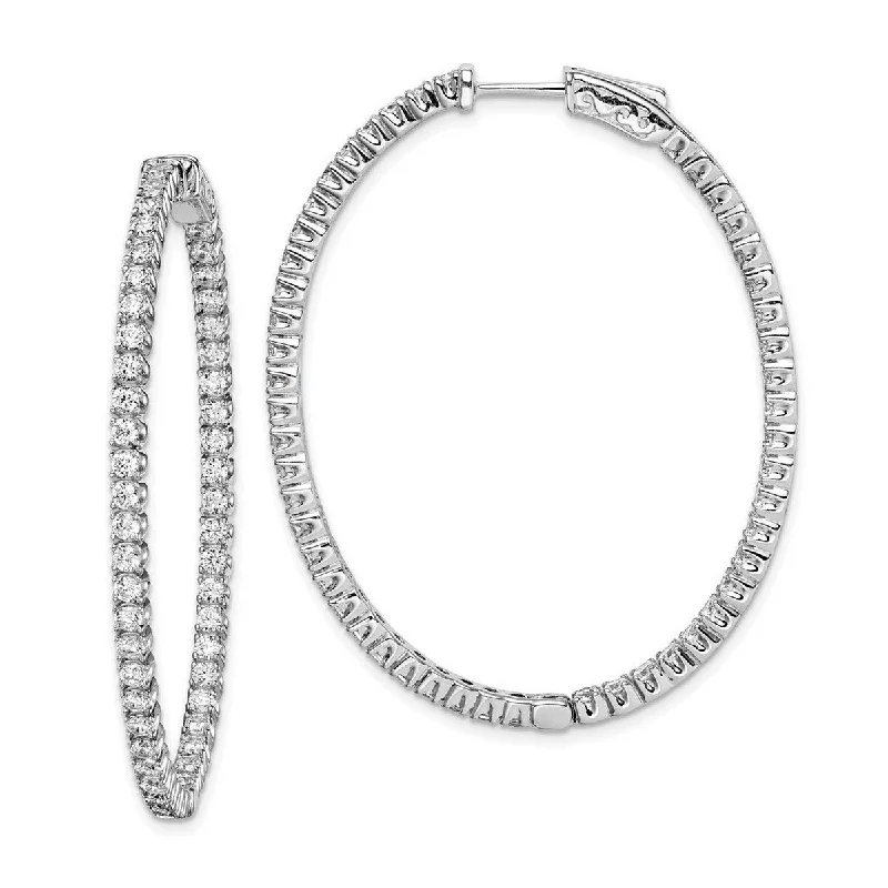 creative handmade earrings for unique styles-Curata 925 Sterling Silver Polished Hinged hoop Safety clasp Rhodium Plated With CZ Cubic Zirconia Simulated Diamond Hinged Oval