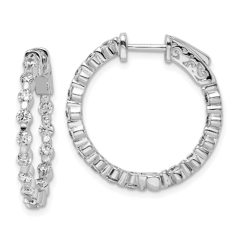 modern square earrings for a bold statement-Curata 925 Sterling Silver Polished Prong set Safety clasp Rhodium Plated With CZ Cubic Zirconia Simulated Diamond Hinged Hoop