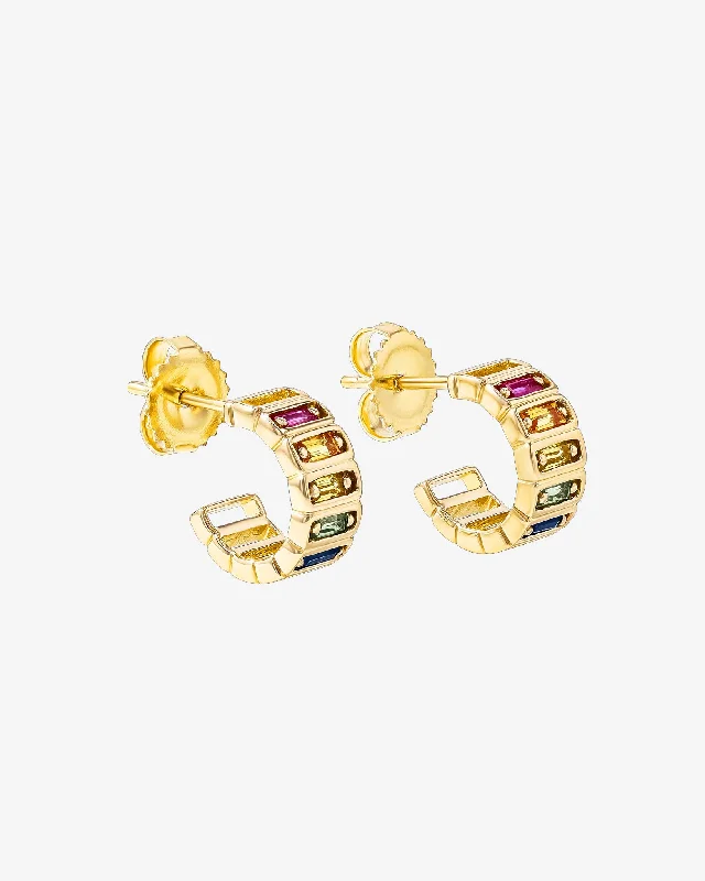 timeless gold stud earrings for women-Inlay Horizontal Rainbow Sapphrie Mini Hoops