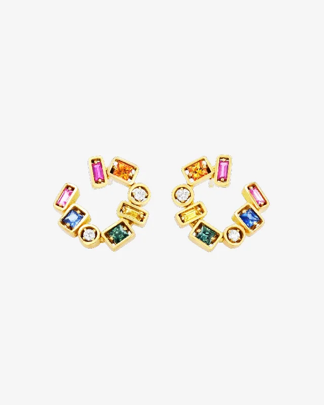 bohemian feather earrings for festival fashion-Inlay Rainbow Sapphire Sideways Hoops