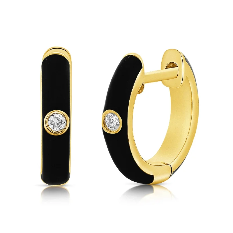 dazzling zirconia drop earrings for a sparkling touch-Joelle Diamond & Black Enamel Huggy Hoop Earrings 14K Gold