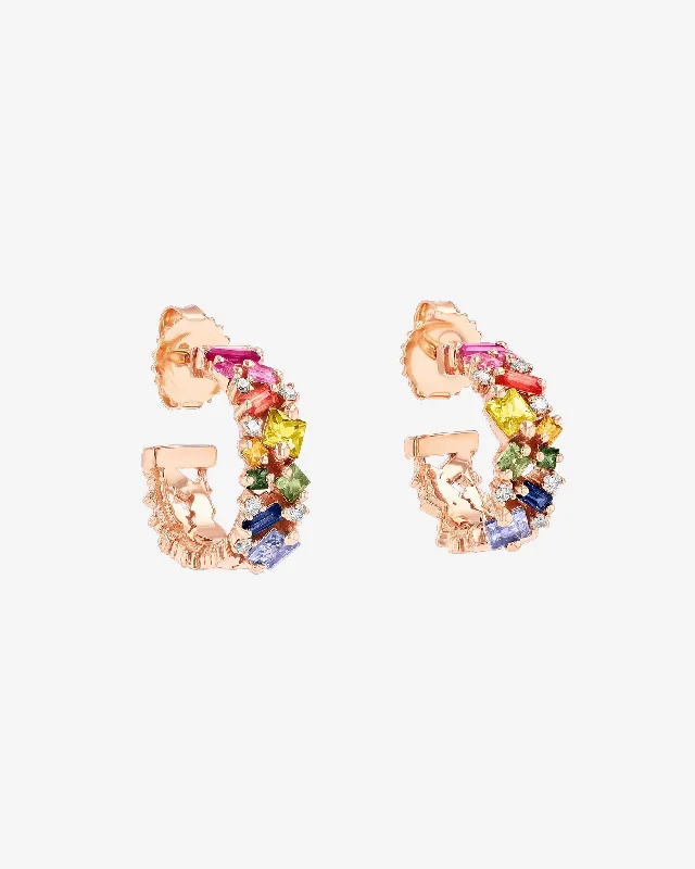 delicate leaf earrings for nature lovers-La Fantaisie Rainbow Sapphire Mini Hoops