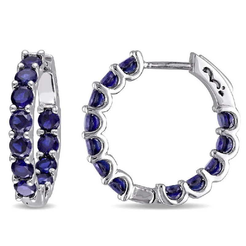 luxurious gold earrings for special occasions-Miadora Sterling Silver Created Blue Sapphire Hoop Earrings