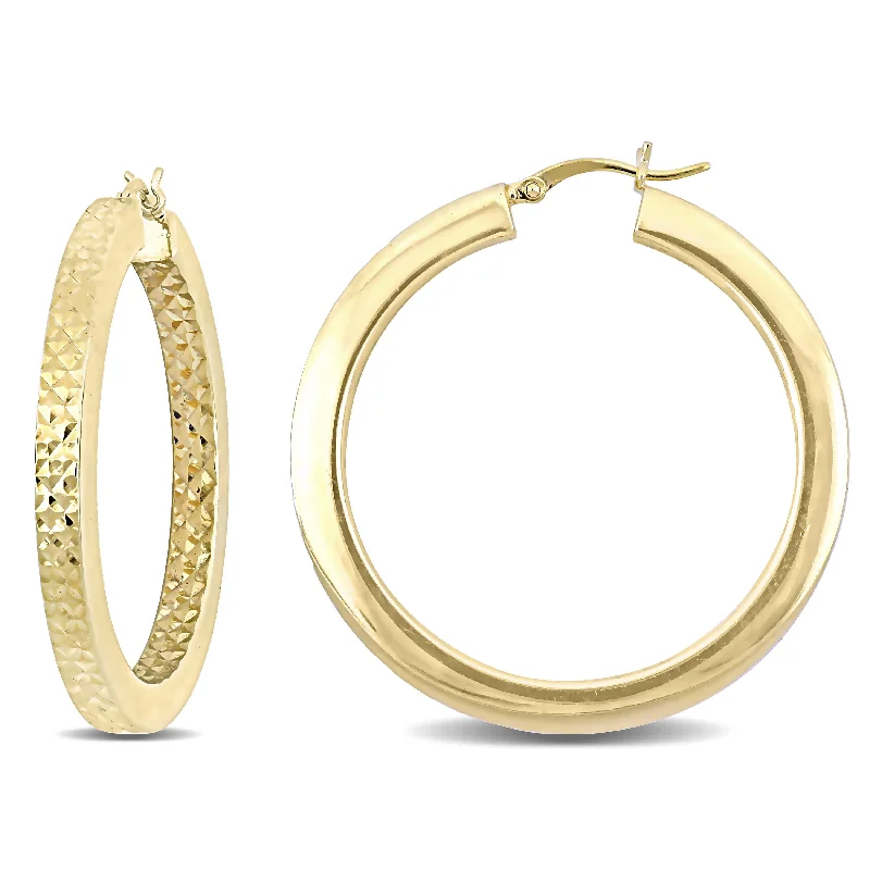 chic crystal-encrusted earrings for a glamorous look-Miadora Yellow Plated Sterling Silver Diamond-cut Textured Hoop Earrings - 4 mm x 40 mm - 4 mm x 40 mm