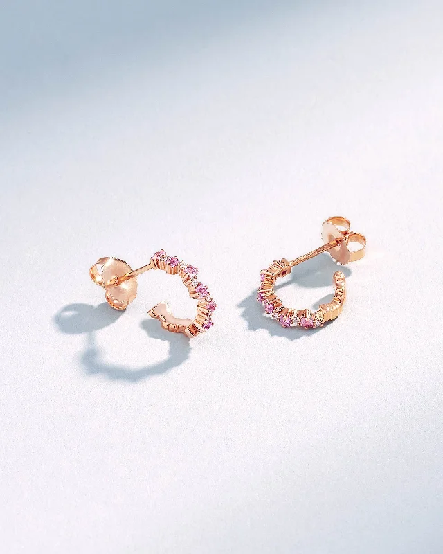 colorful resin earrings for a playful style-Princess Staggered Pink Sapphire Mini Hoops