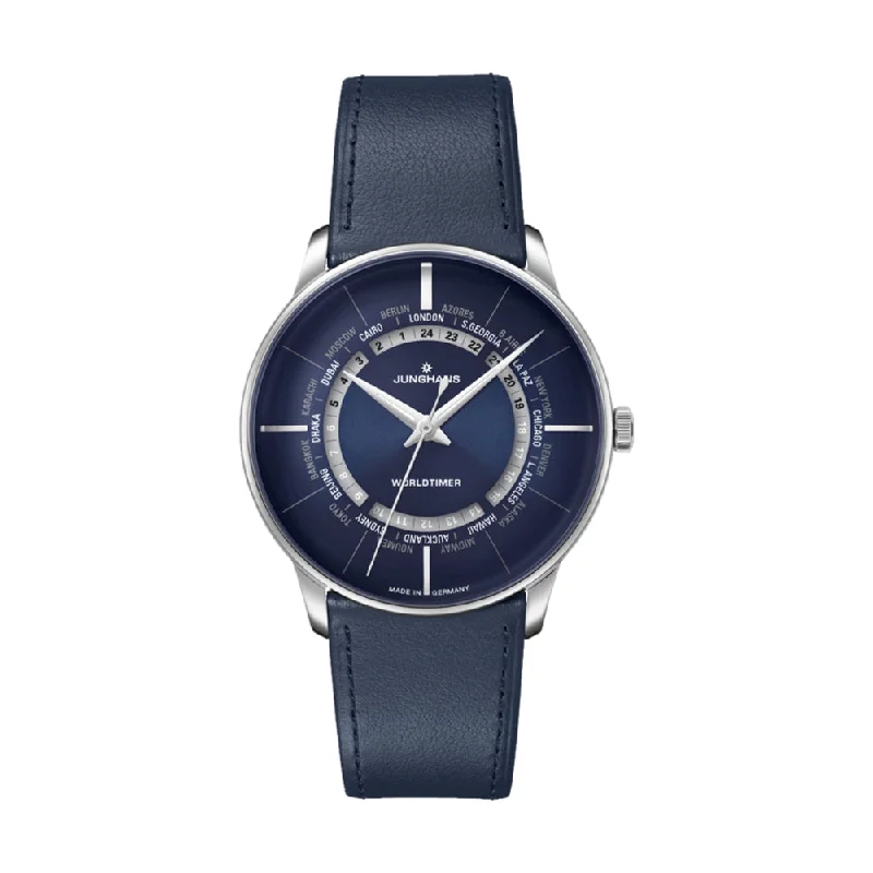 mens watches with stainless steel and leather strap -Meister Worldtimer Blue Dial