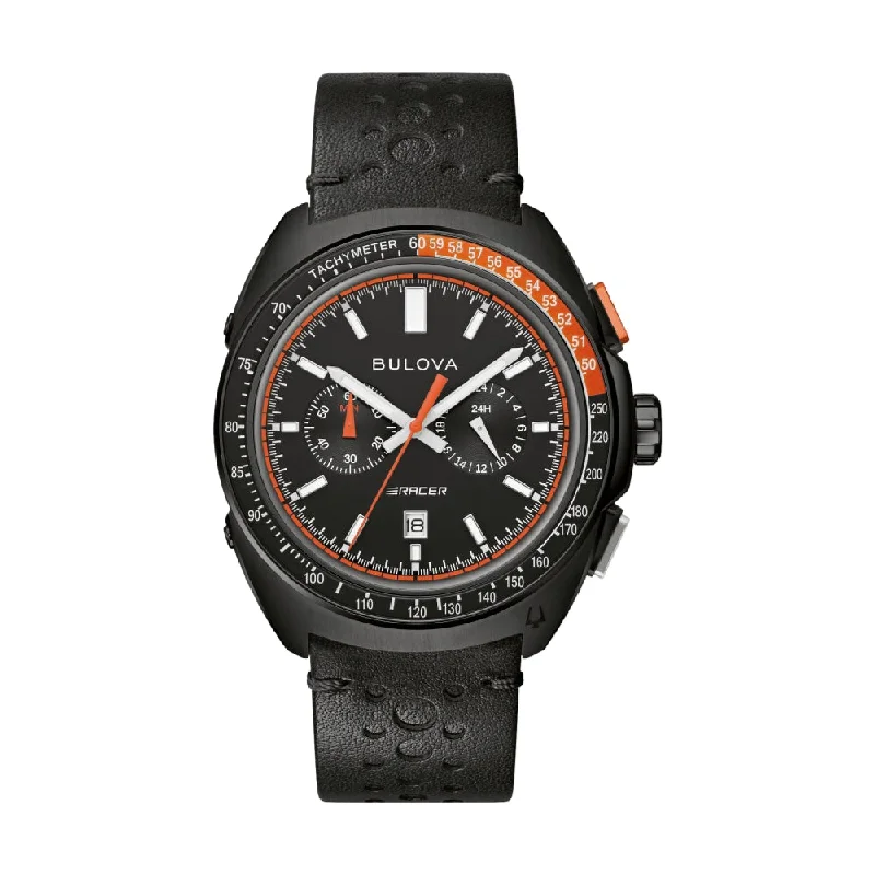 mens watches with rotating bezels for diving -Racer Chronograph Black Dial on Black Leather Strap