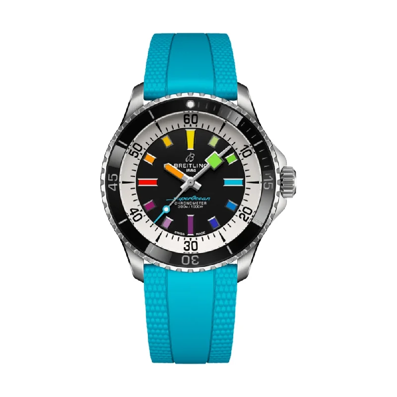 mens watches with classic analog display -Superocean Automatic 42mm Rainbow on Blue Rubber Strap