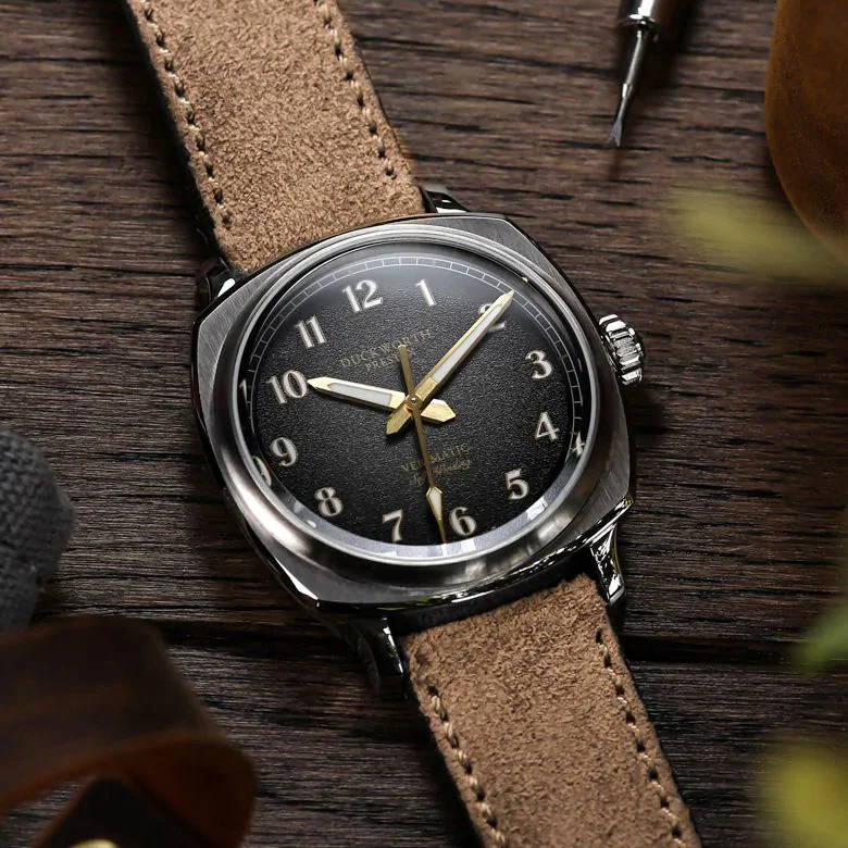 mens watches with classic analog display -Duckworth Prestex Verimatic - Black Fumé LE with Beige Italian Suede Straps