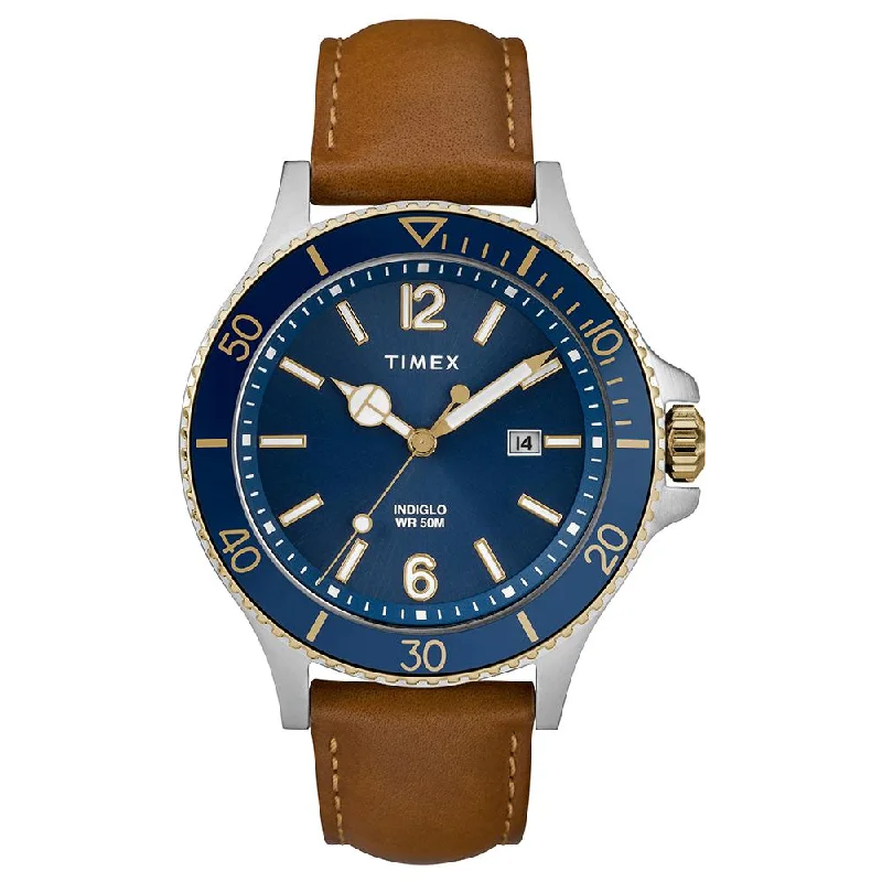 mens watches with military-grade waterproofing -Harborside Date 42mm Leather Band